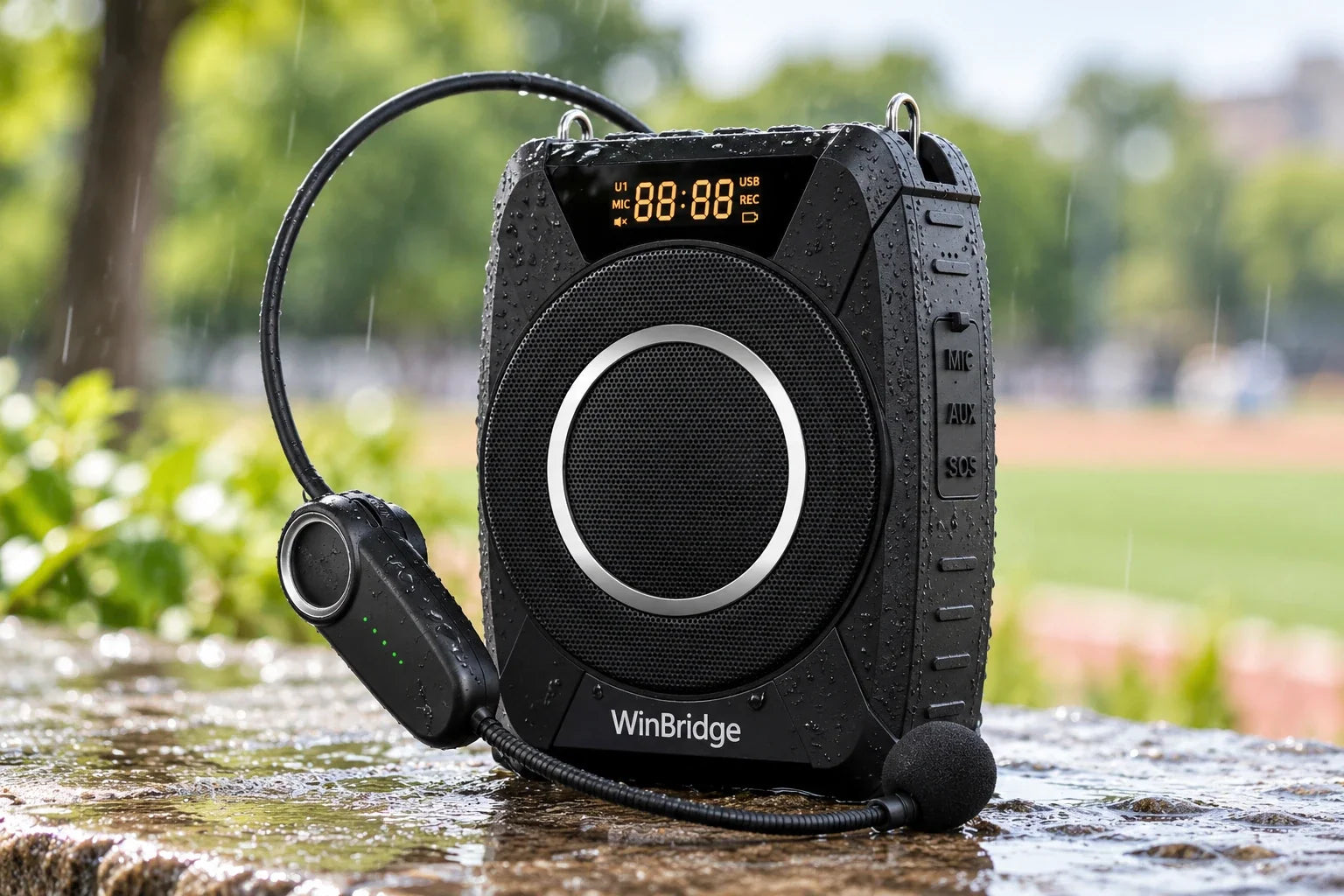 Waterproof voice amplifier with wireless headset mic outdoors in rain