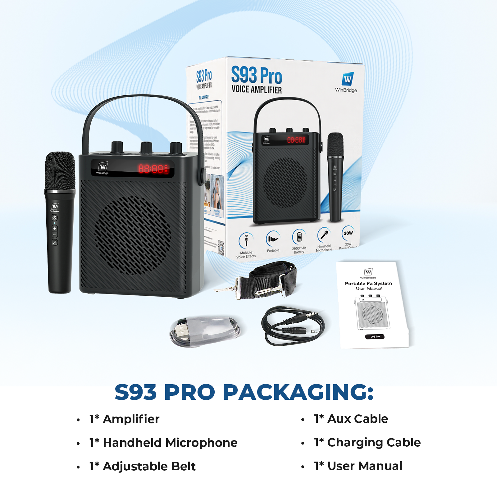 WinBridge S93 Pro Voice Amplifier with Wireless Microphone & Speaker - Portable Mini Bluetooth PA System with Handheld Mic, 30W Ultra-Light Rechargeable Megaphone for Teachers, Speech & Events