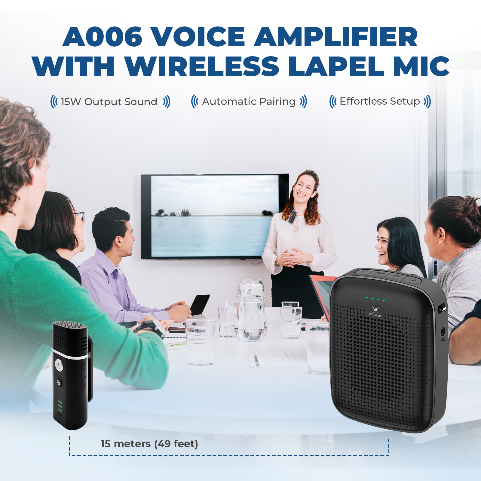 WinBridge A006 Voice Amplifier with Wireless Lapel Microphone - Personal Megaphone for Teachers, 15W Portable Mini Bluetooth PA System and Clip-on Lavalier Mic for Classroom, Speech, Yoga, Tour Guide