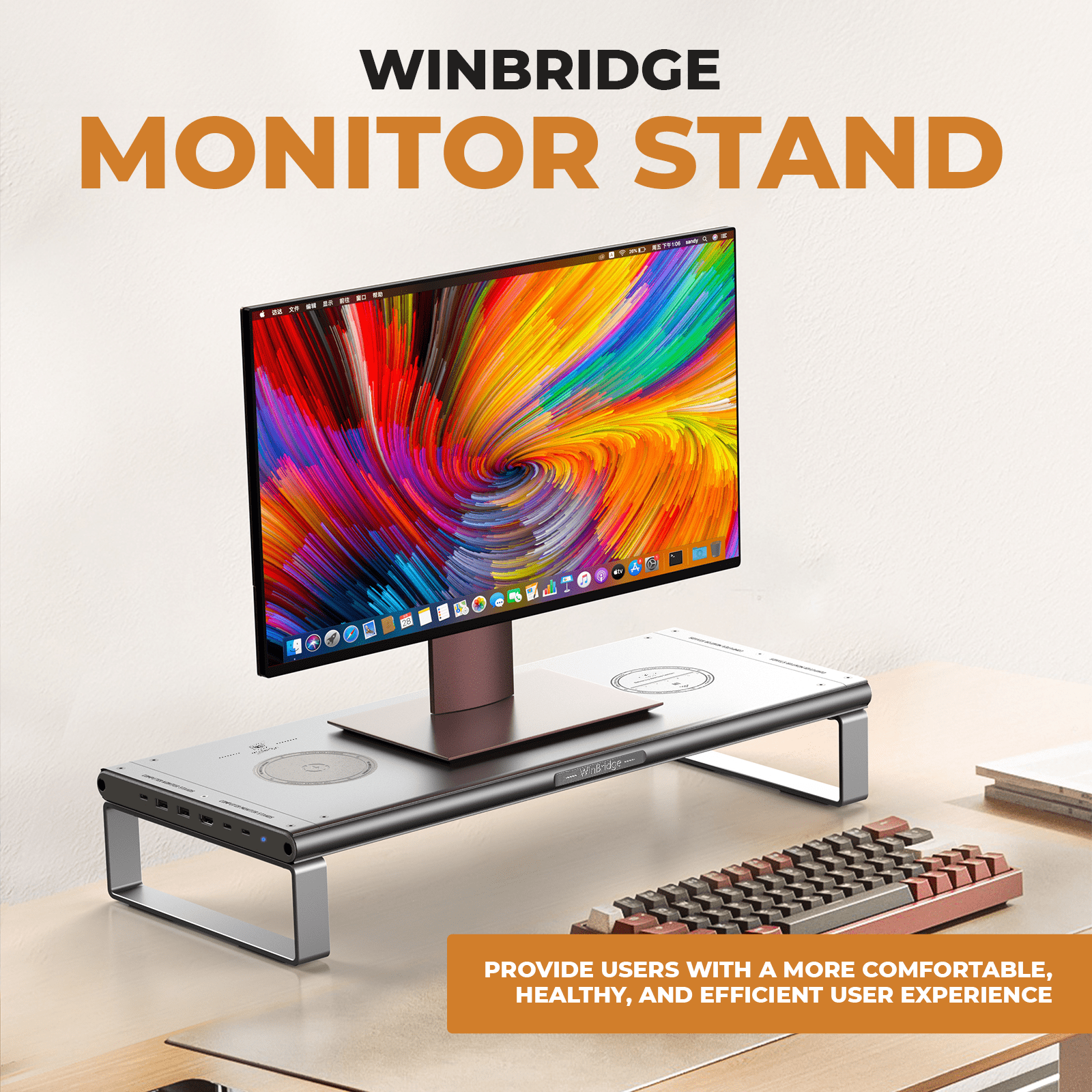 WinBridge Aluminum Monitor Stand with Wireless Charging, 6-in-1 USB-C Docking Station, Drawer, Desk Organizer for PC Monitor/Laptop Up to 27 inches