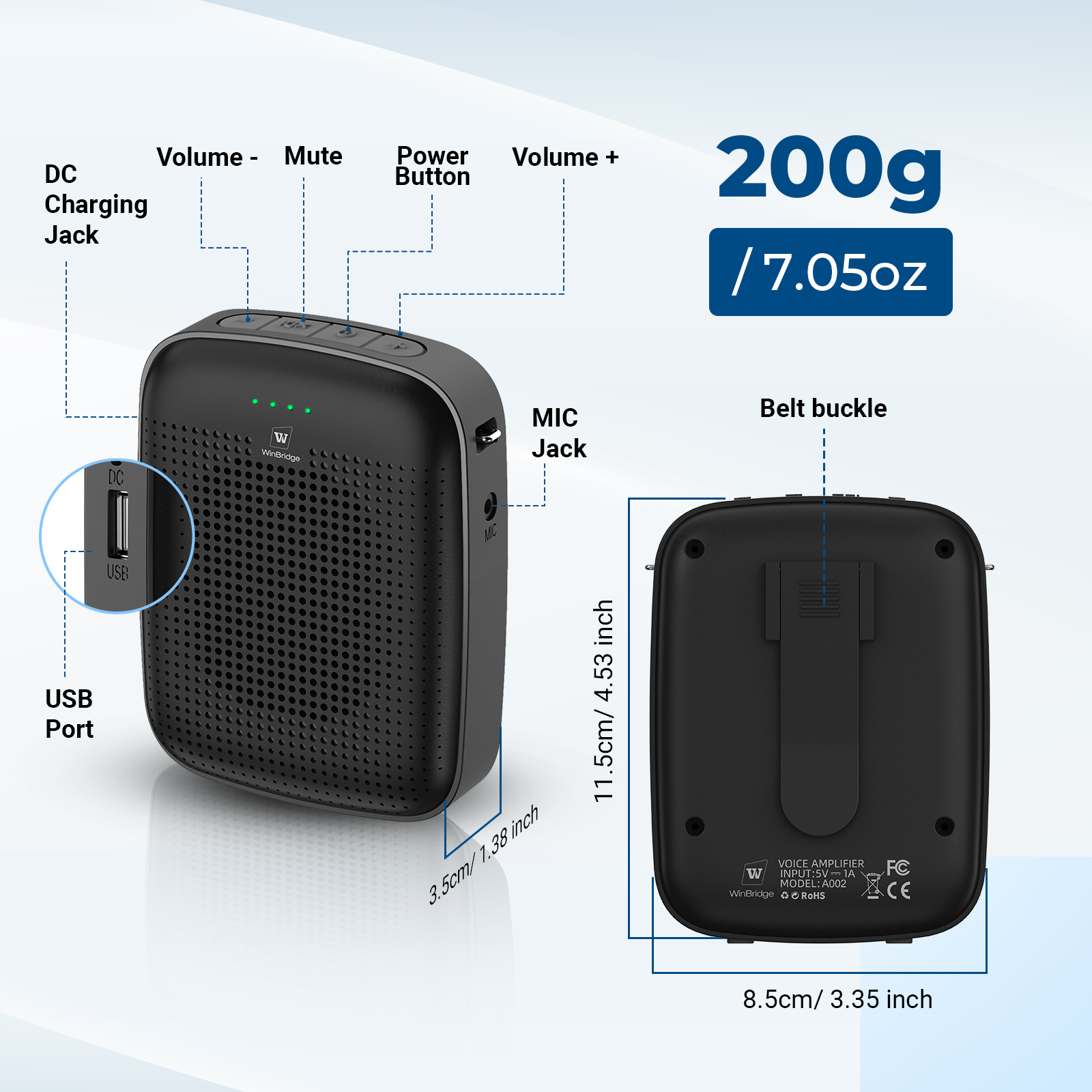 WinBridge A002 Wireless Bluetooth Voice Amplifier for Teachers – 15W Portable Mini Amplifier with Wireless Microphone Headset, Personal Mic for Classroom, Teaching, Training & Public Speaking