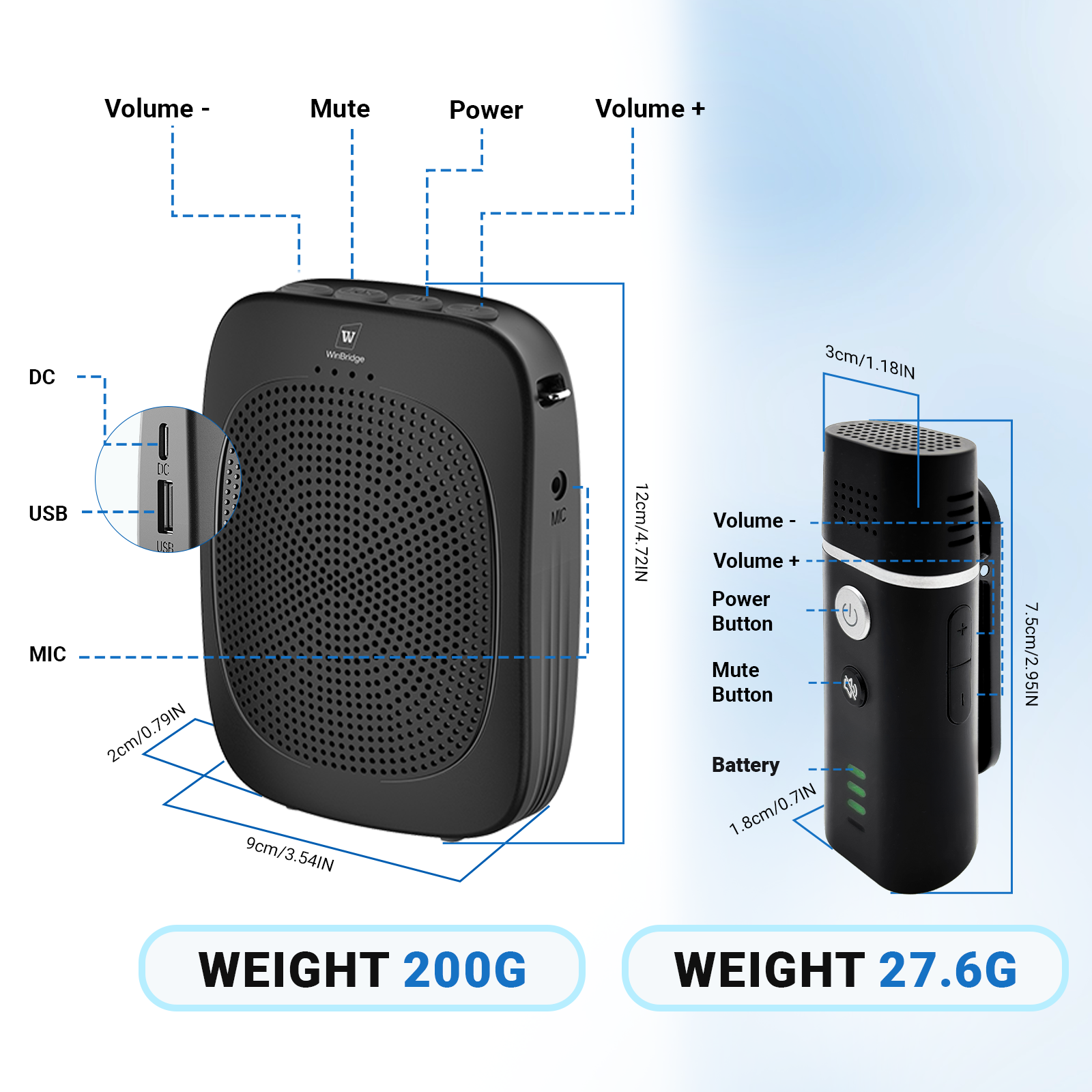 WinBridge C006 Bluetooth Voice Amplifier with Wireless Lavalier Lapel Microphone for Teachers, Portable Speaker Clip-On Microphone, Mini Megaphone PA System for Classroom/Yoga/Conference
