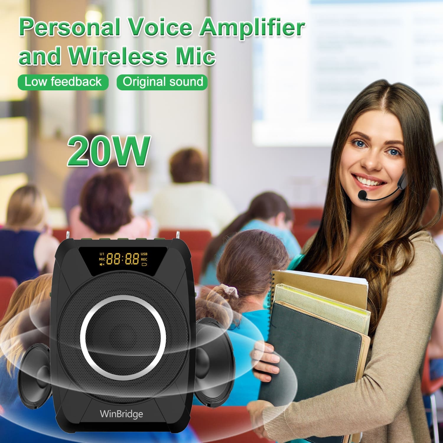 WinBridge M801 20W Voice Amplifier With Wireless Microphone Headset Waterproof with Siren Noise Feature