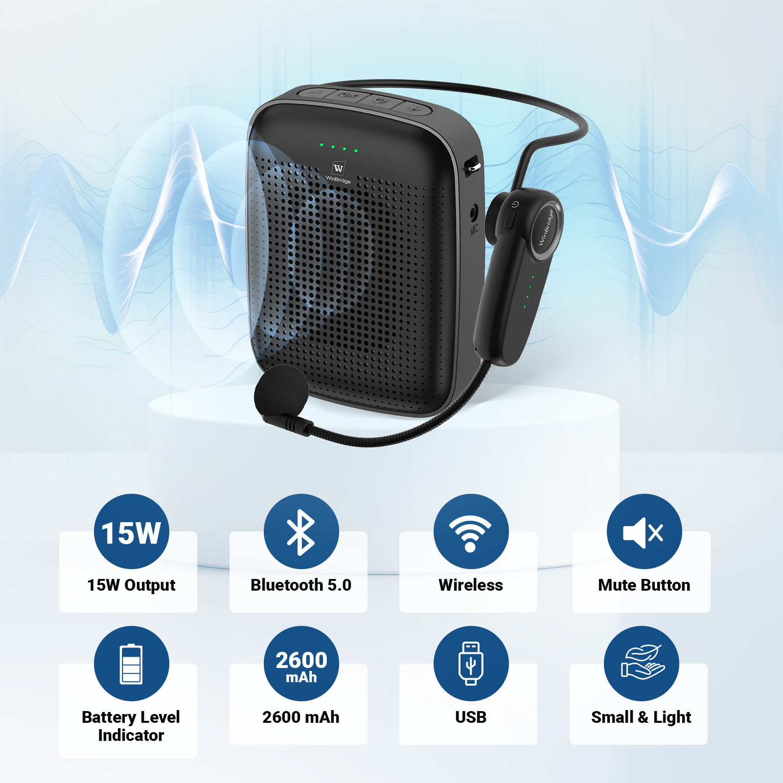 WinBridge A002 Wireless Bluetooth Voice Amplifier for Teachers – 15W Portable Mini Amplifier with Wireless Microphone Headset, Personal Mic for Classroom, Teaching, Training & Public Speaking