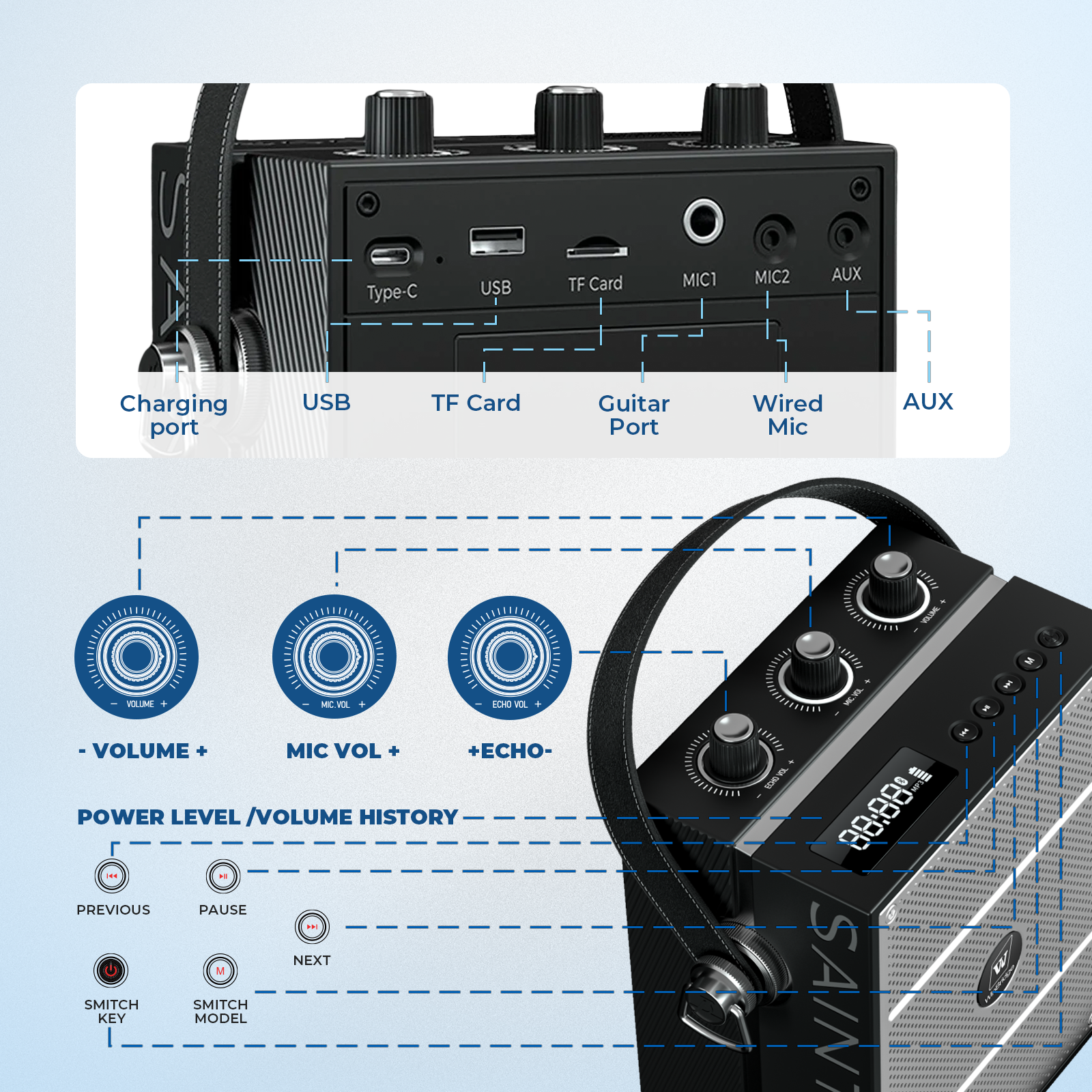 WinBridge S98 Pro Wireless Voice Amplifier with Handheld Microphone, Portable Speaker and Microphones for Teachers & Events, Wireless Karaoke Mic for Singing, PA System with Echo & Sound Effects