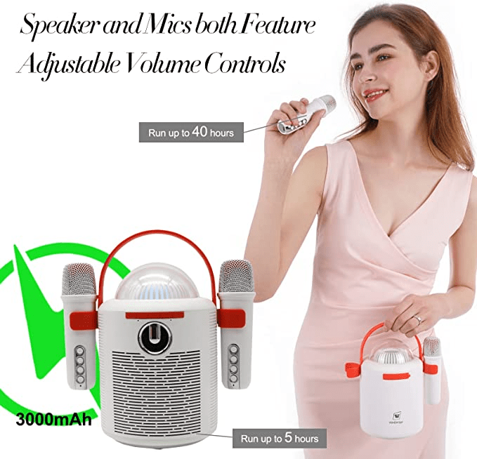 WinBridge Portable Speaker with Two Bluetooth Microphones, Perfect Karaoke Machine with LED Lights, Wireless PA Speaker System for Parties and Singing, Karaoke Speaker for Kids Adults T7 White