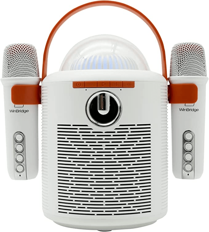 WinBridge Portable Speaker with Two Bluetooth Microphones, Perfect Karaoke Machine with LED Lights, Wireless PA Speaker System for Parties and Singing, Karaoke Speaker for Kids Adults T7 White