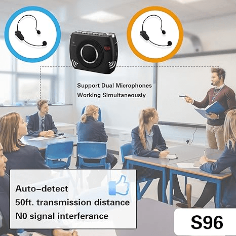 WinBridge 25W Wireless Voice Amplifier with Two Bluetooth Headset Microphones, High Capacity 8000mAh|Record, Portable Pa System Bluetooth Speaker and Microphone, Megaphone with Mic for Teachers S96