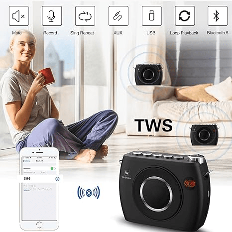 WinBridge 25W Wireless Voice Amplifier with Two Bluetooth Headset Microphones, High Capacity 8000mAh|Record, Portable Pa System Bluetooth Speaker and Microphone, Megaphone with Mic for Teachers S96