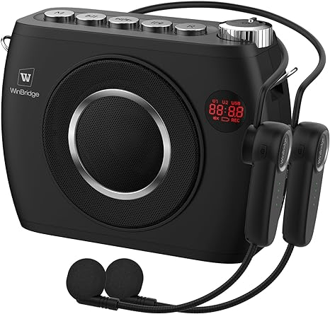 WinBridge 25W Wireless Voice Amplifier with Two Bluetooth Headset Microphones, High Capacity 8000mAh|Record, Portable Pa System Bluetooth Speaker and Microphone, Megaphone with Mic for Teachers S96