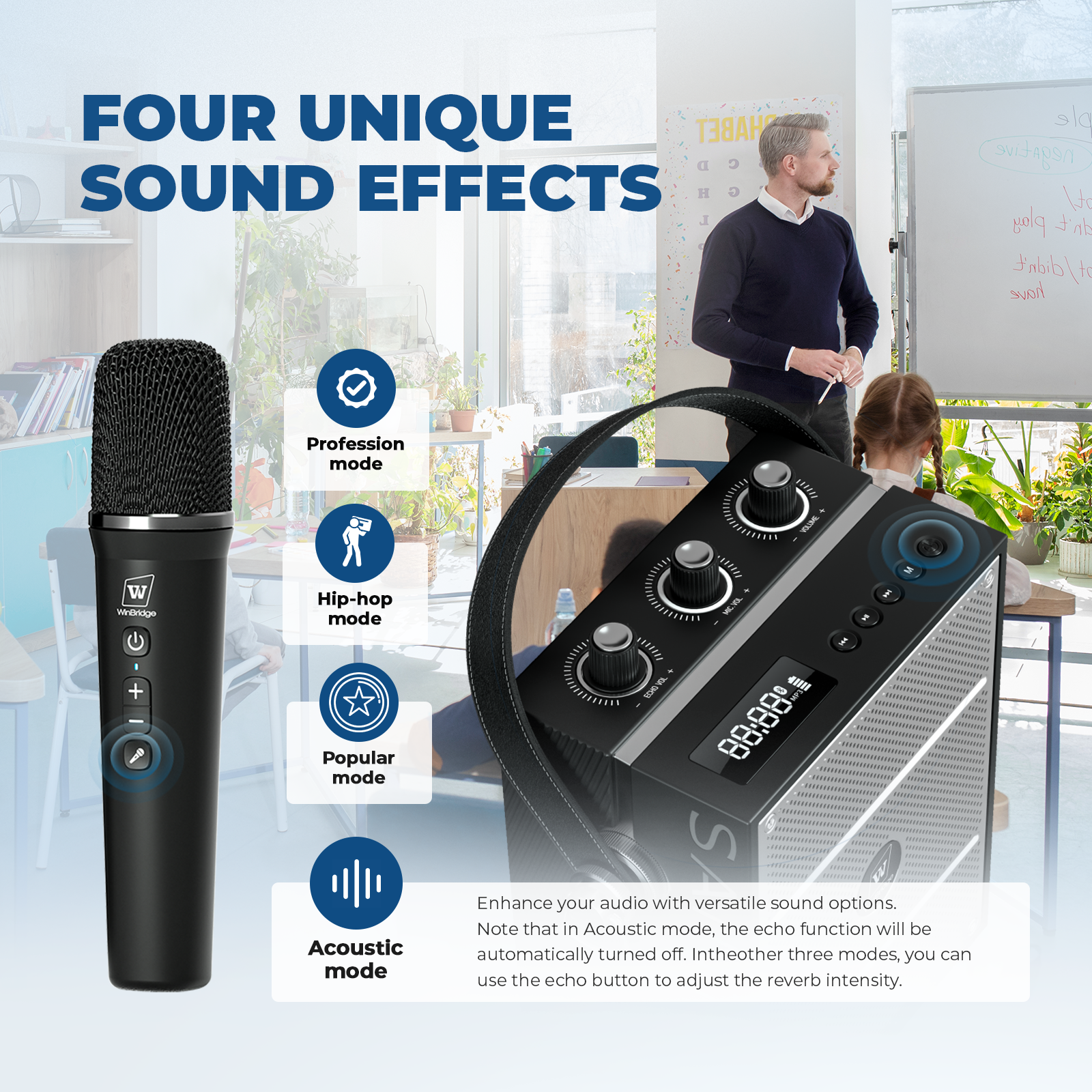 WinBridge S98 Pro Wireless Voice Amplifier with Handheld Microphone, Portable Speaker and Microphones for Teachers & Events, Wireless Karaoke Mic for Singing, PA System with Echo & Sound Effects