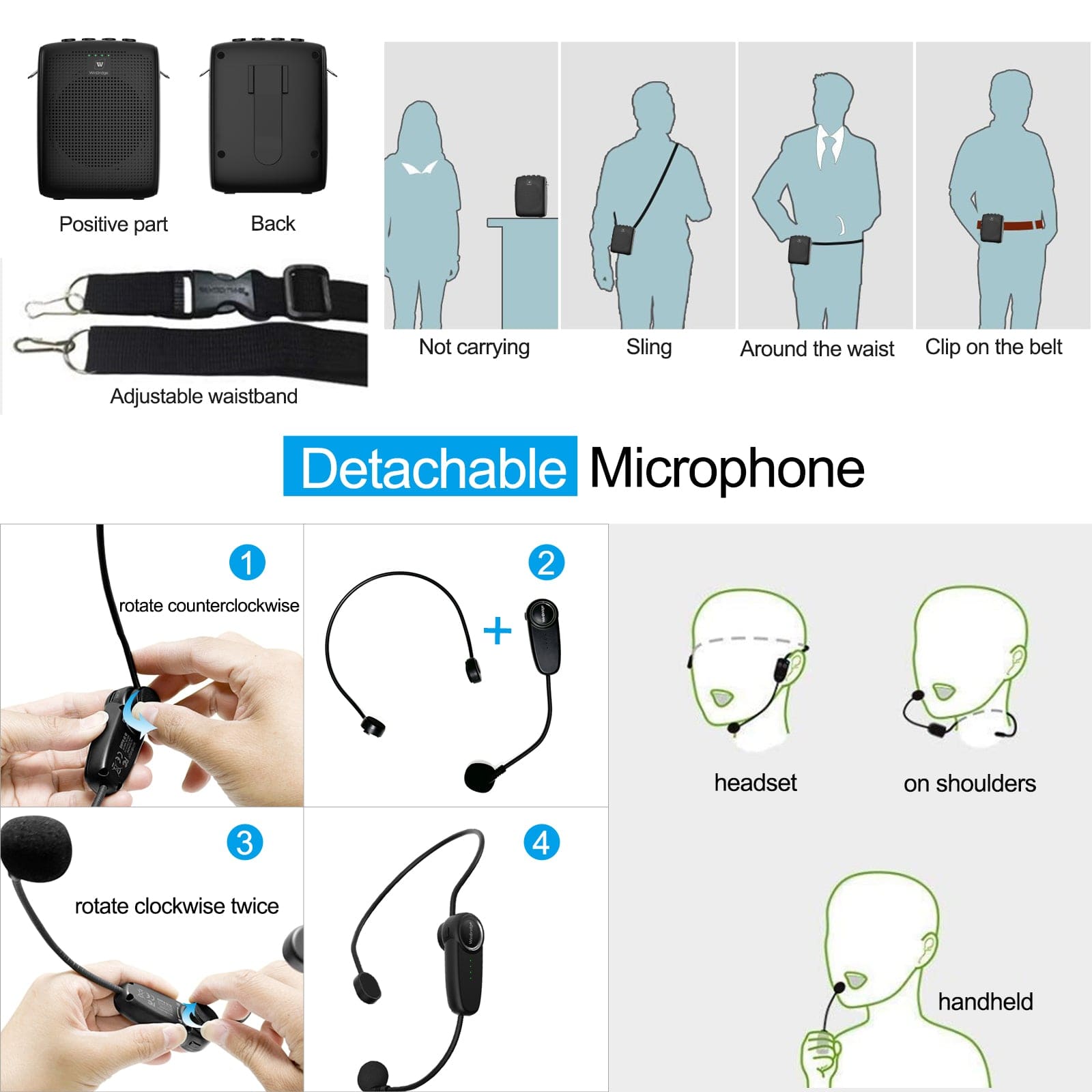 WinBridge WB002 Voice Amplifier Rechargeable with Wireless Headset Microphone