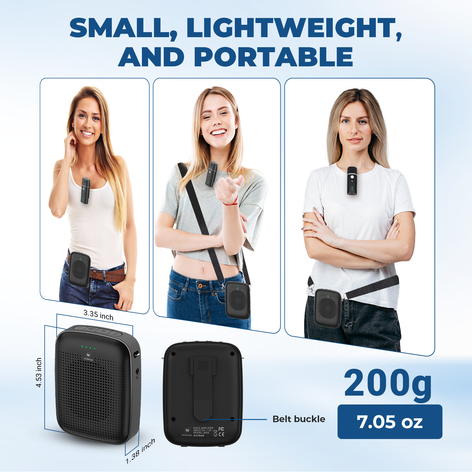 WinBridge A006 Voice Amplifier with Wireless Lapel Microphone - Personal Megaphone for Teachers, 15W Portable Mini Bluetooth PA System and Clip-on Lavalier Mic for Classroom, Speech, Yoga, Tour Guide