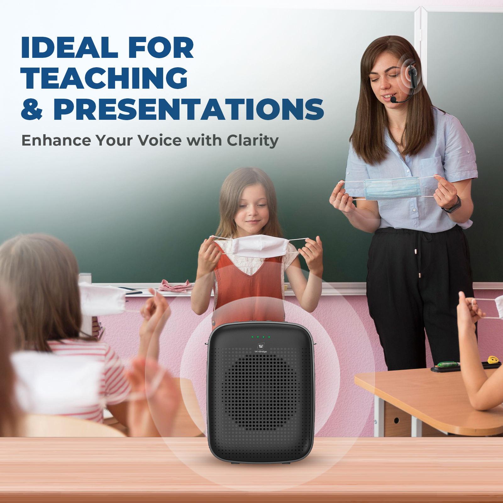 WinBridge A002 Wireless Bluetooth Voice Amplifier for Teachers – 15W Portable Mini Amplifier with Wireless Microphone Headset, Personal Mic for Classroom, Teaching, Training & Public Speaking