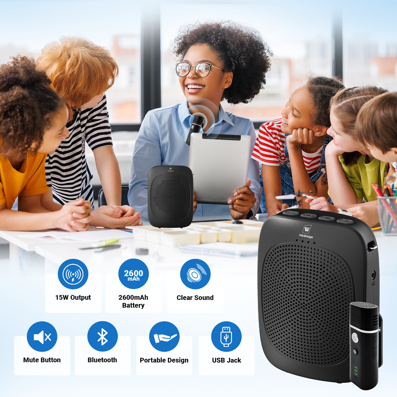 WinBridge C006 Bluetooth Voice Amplifier with Wireless Lavalier Lapel Microphone for Teachers, Portable Speaker Clip-On Microphone, Mini Megaphone PA System for Classroom/Yoga/Conference
