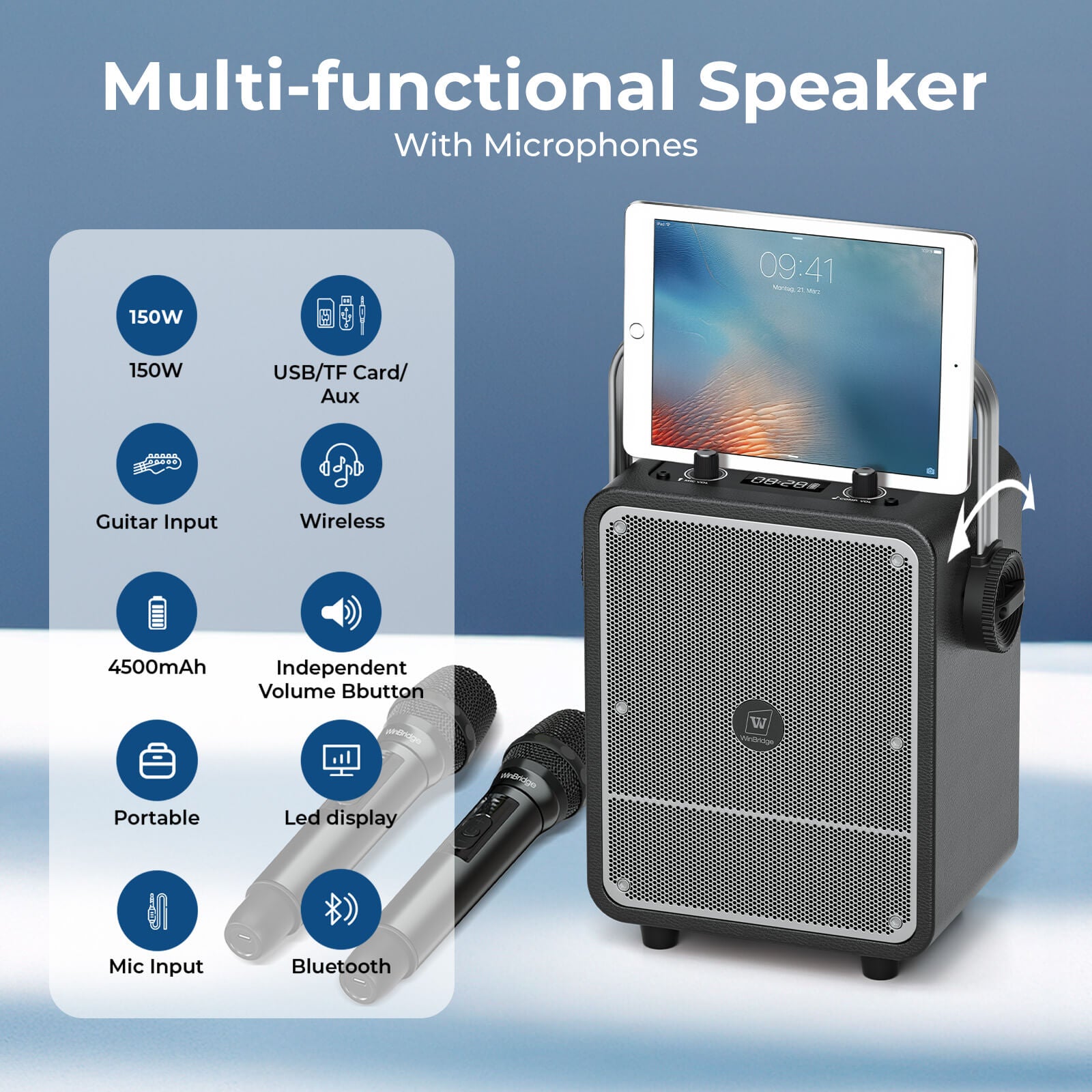 WinBridge S200 150W High-Power Karaoke Machine with 2 Wireless Microphones, Premium Voice Amplifier/PA System, Portable Bluetooth Speaker with Microphone for Party, Outdoor, Classroom, Singing, Guitar Amp