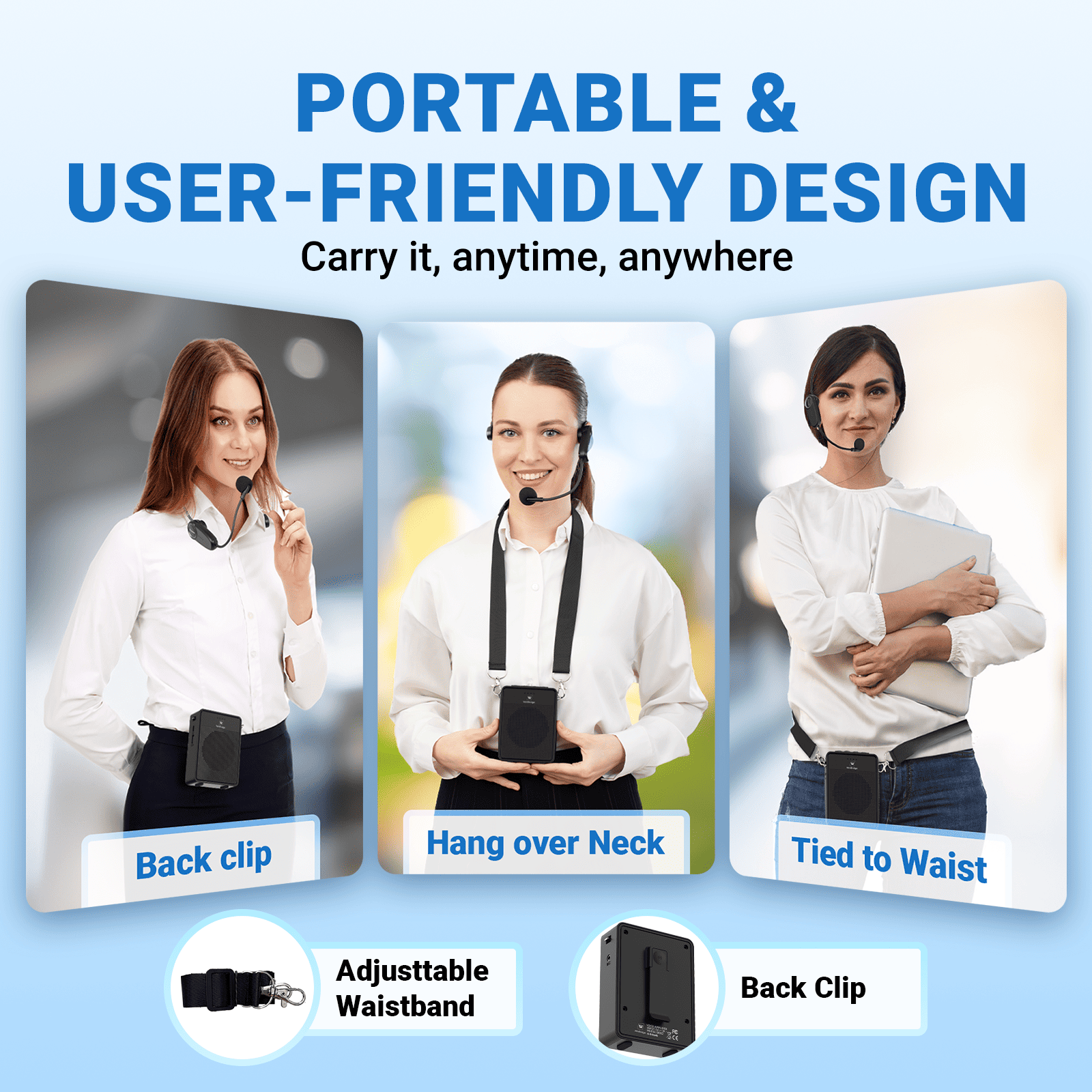 WinBridge B002 Voice Amplifier Wireless Microphone Headset, Portable Microphone and Speaker, 15W Megaphone Speaker with Bluetooth Mic, Personal PA System for Teachers, Classroom, Tour Guide