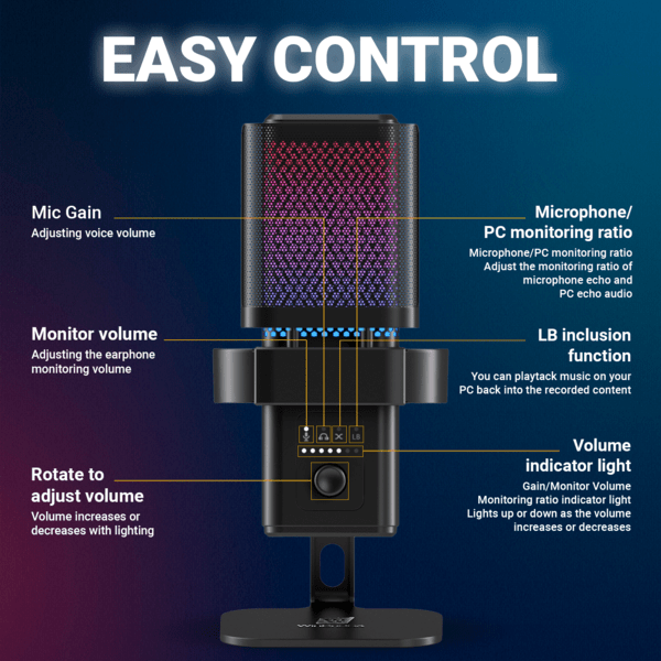 WinBridge USB Recording Microphone - Computer Cardioid Condenser PC Gaming Mic with RGB Light, Gain Control, Headphones Jack, Mute Button, Monitoring, Desktop Stand for Streaming, Podcasting