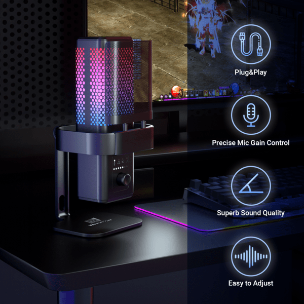 WinBridge USB Recording Microphone - Computer Cardioid Condenser PC Gaming Mic with RGB Light, Gain Control, Headphones Jack, Mute Button, Monitoring, Desktop Stand for Streaming, Podcasting