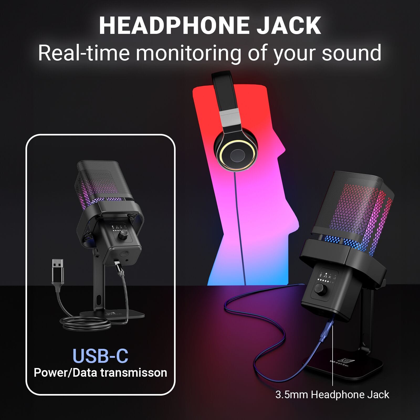 WinBridge USB Recording Microphone - Computer Cardioid Condenser PC Gaming Mic with RGB Light, Gain Control, Headphones Jack, Mute Button, Monitoring, Desktop Stand for Streaming, Podcasting