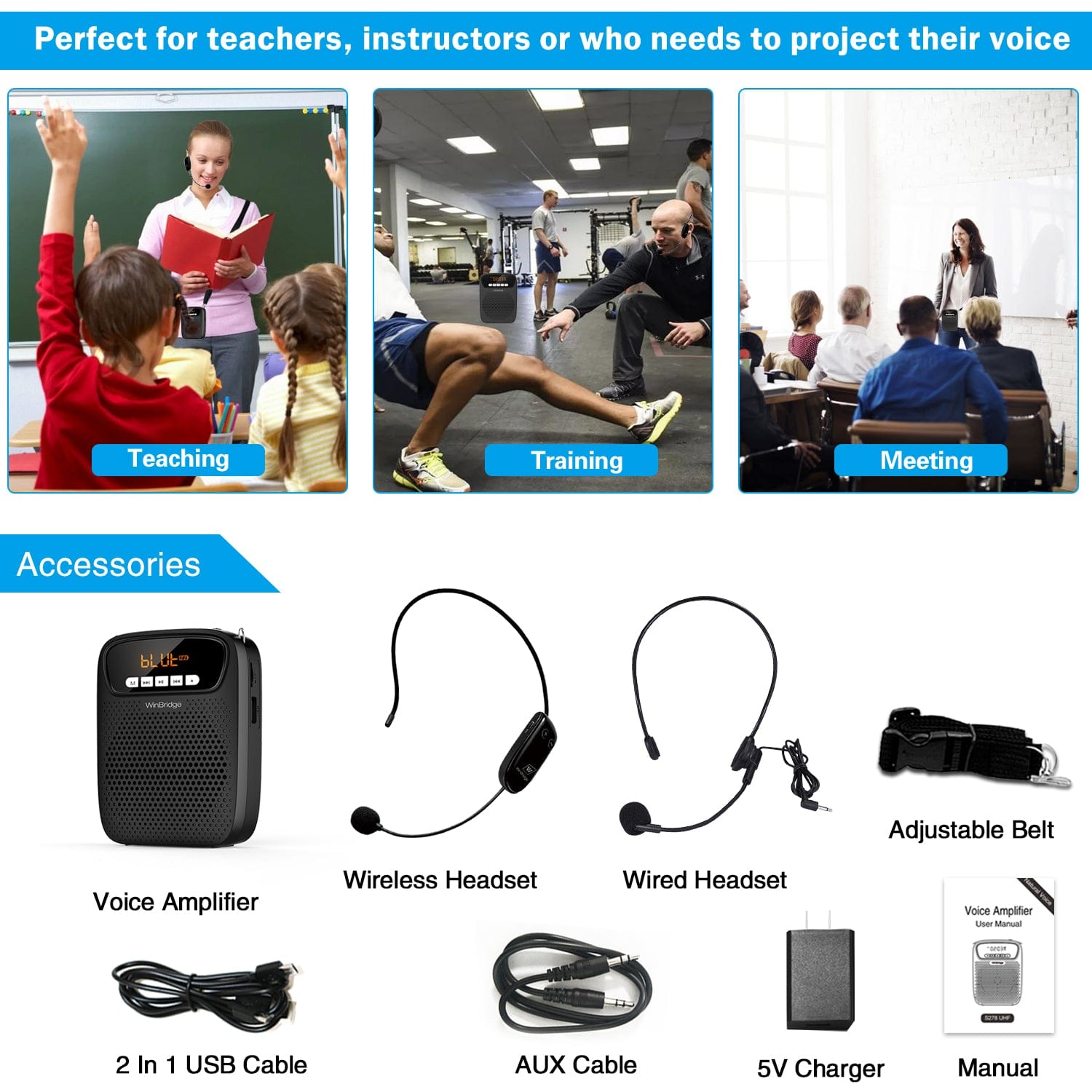 WinBridge S278UHF Portable Voice Amplifier Wireless & Wired Headset Microphone Speaker Mini Lightweight Personal Classroom Mic for Teachers Supports AUX Input,Bluetooth 5.0,Recording