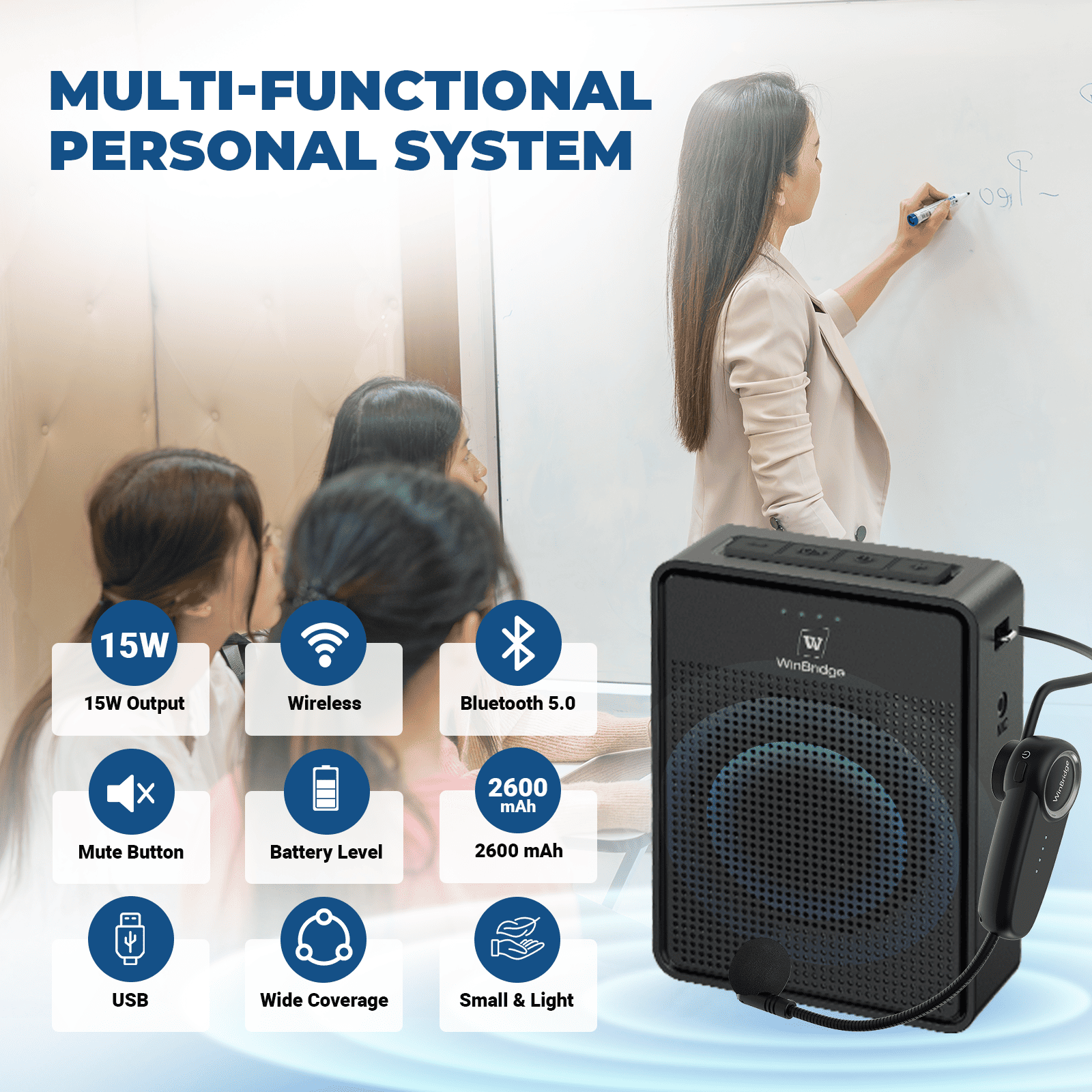 WinBridge B002 Voice Amplifier Wireless Microphone Headset, Portable Microphone and Speaker, 15W Megaphone Speaker with Bluetooth Mic, Personal PA System for Teachers, Classroom, Tour Guide