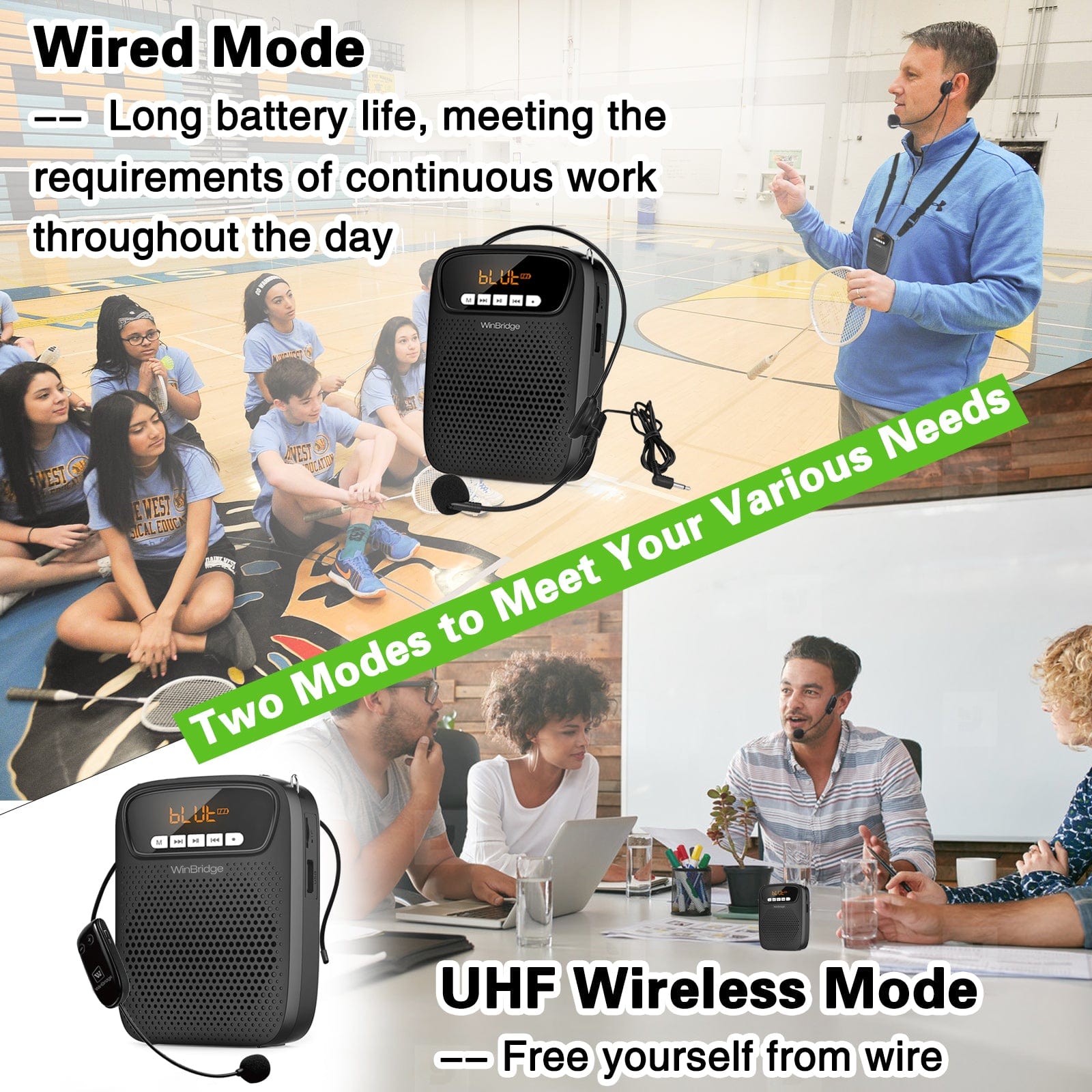 WinBridge S278UHF Portable Voice Amplifier Wireless & Wired Headset Microphone Speaker Mini Lightweight Personal Classroom Mic for Teachers Supports AUX Input,Bluetooth 5.0,Recording