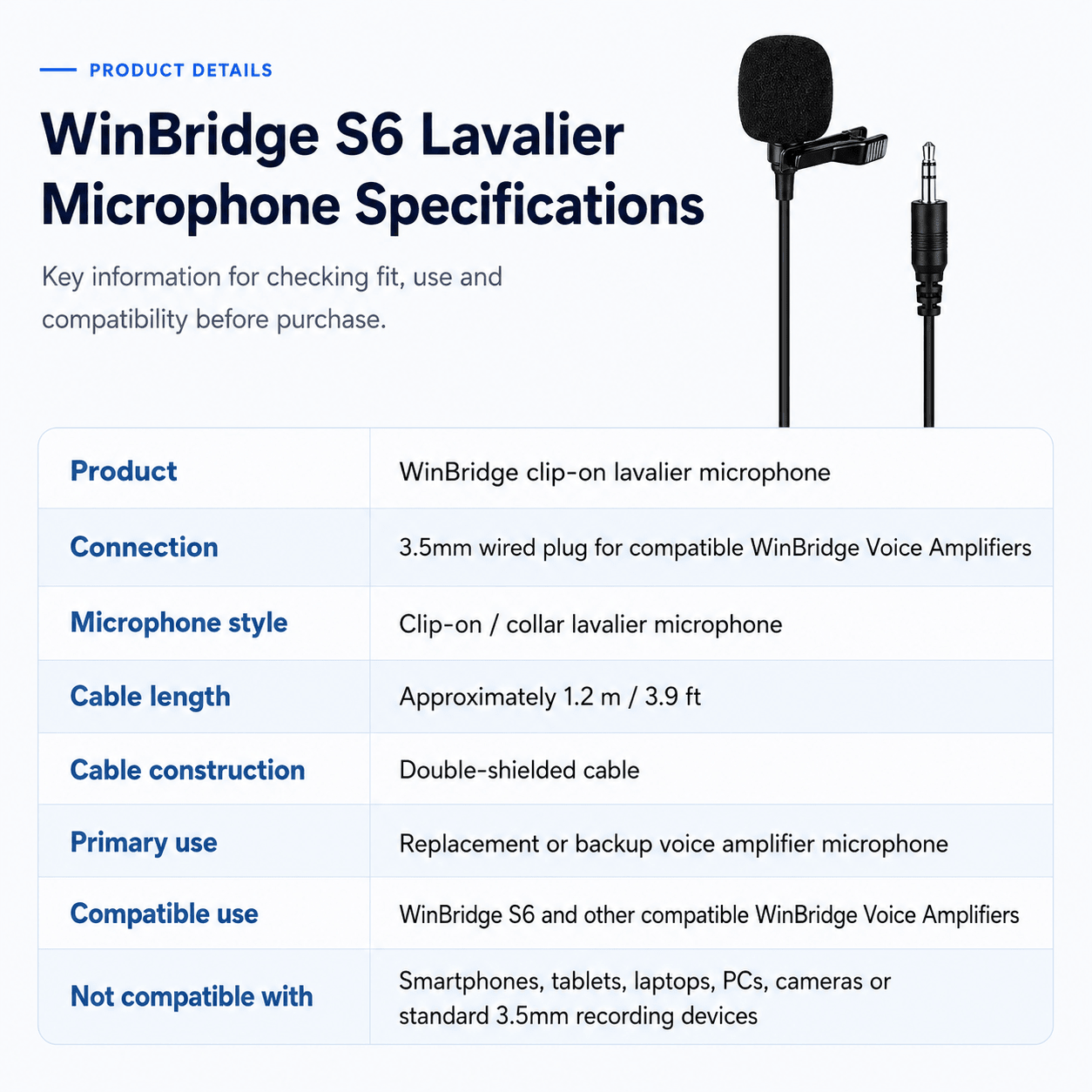 S6 Portable Lavalier Microphone for WinBridge Voice Amplifiers - WinBridge