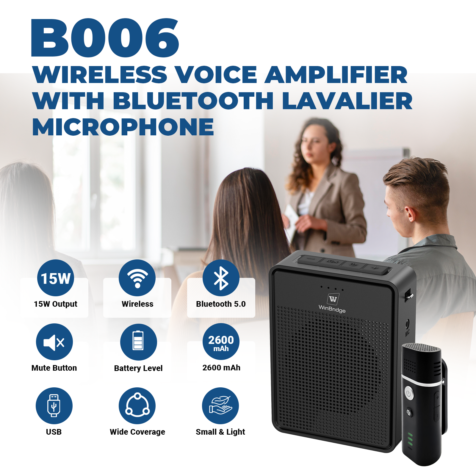 WinBridge B006 Voice Amplifier with Bluetooth Lavalier Microphone, Wireless Portable Microphone with Speaker, Mini Megaphone with Clip on/Lapel Mic for Teachers Classroom Tour Guide Meeting
