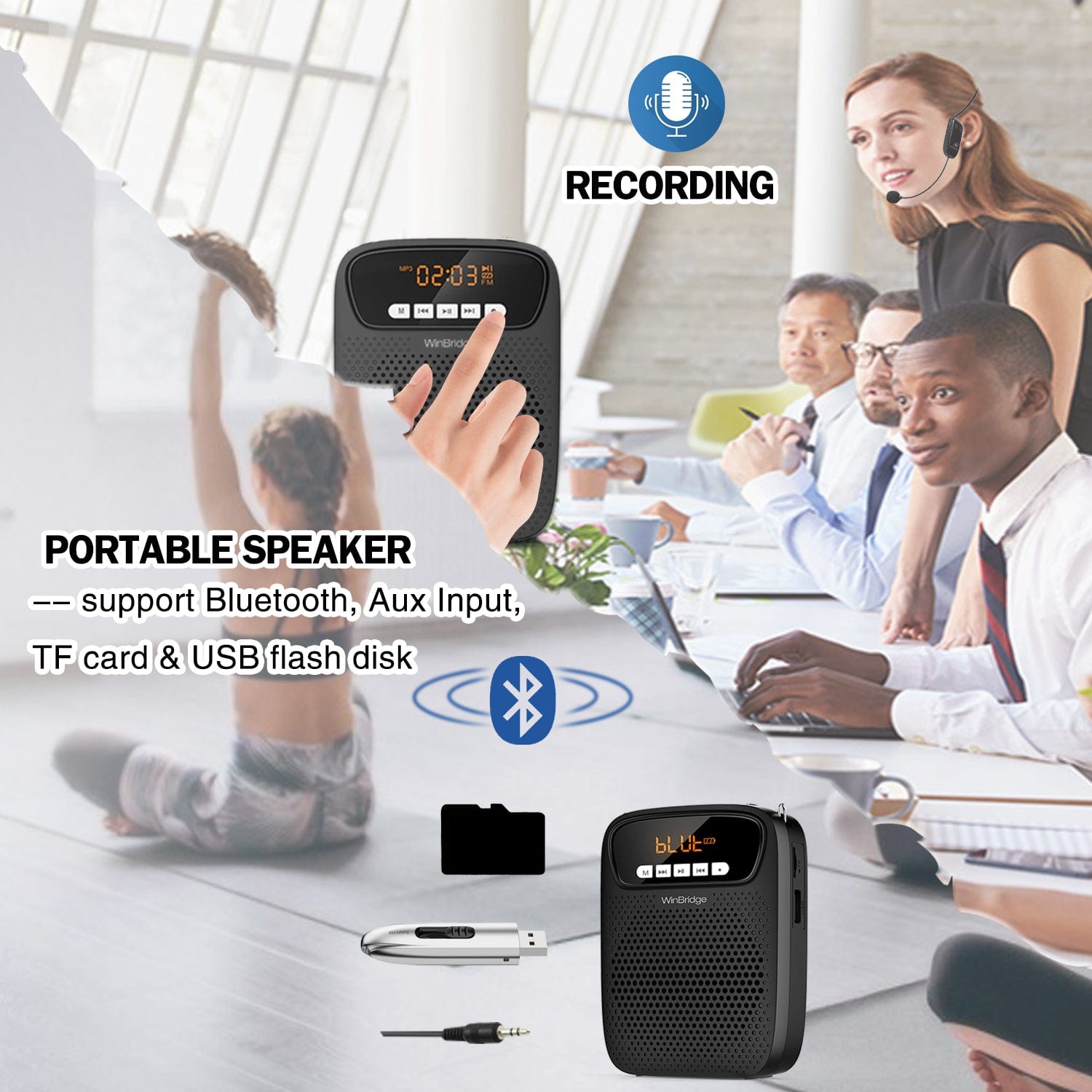 WinBridge S278UHF Portable Voice Amplifier Wireless & Wired Headset Microphone Speaker Mini Lightweight Personal Classroom Mic for Teachers Supports AUX Input,Bluetooth 5.0,Recording