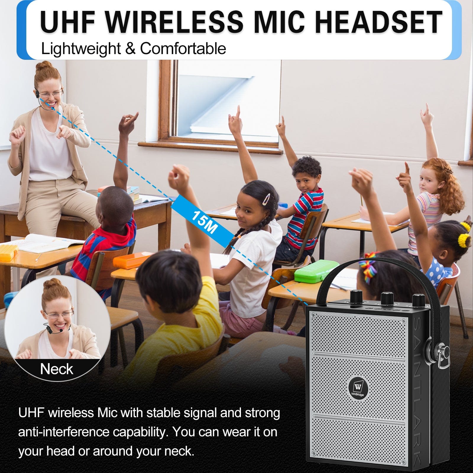 WinBridge S98 40W Wireless Voice Amplifier Portable Bluetooth 5.3 PA System with UHF Wireless Mic Headset, Echo, Easy Volume Control, Megaphone Speaker and Microphone Set for Teachers, Indoor/Outdoor Events