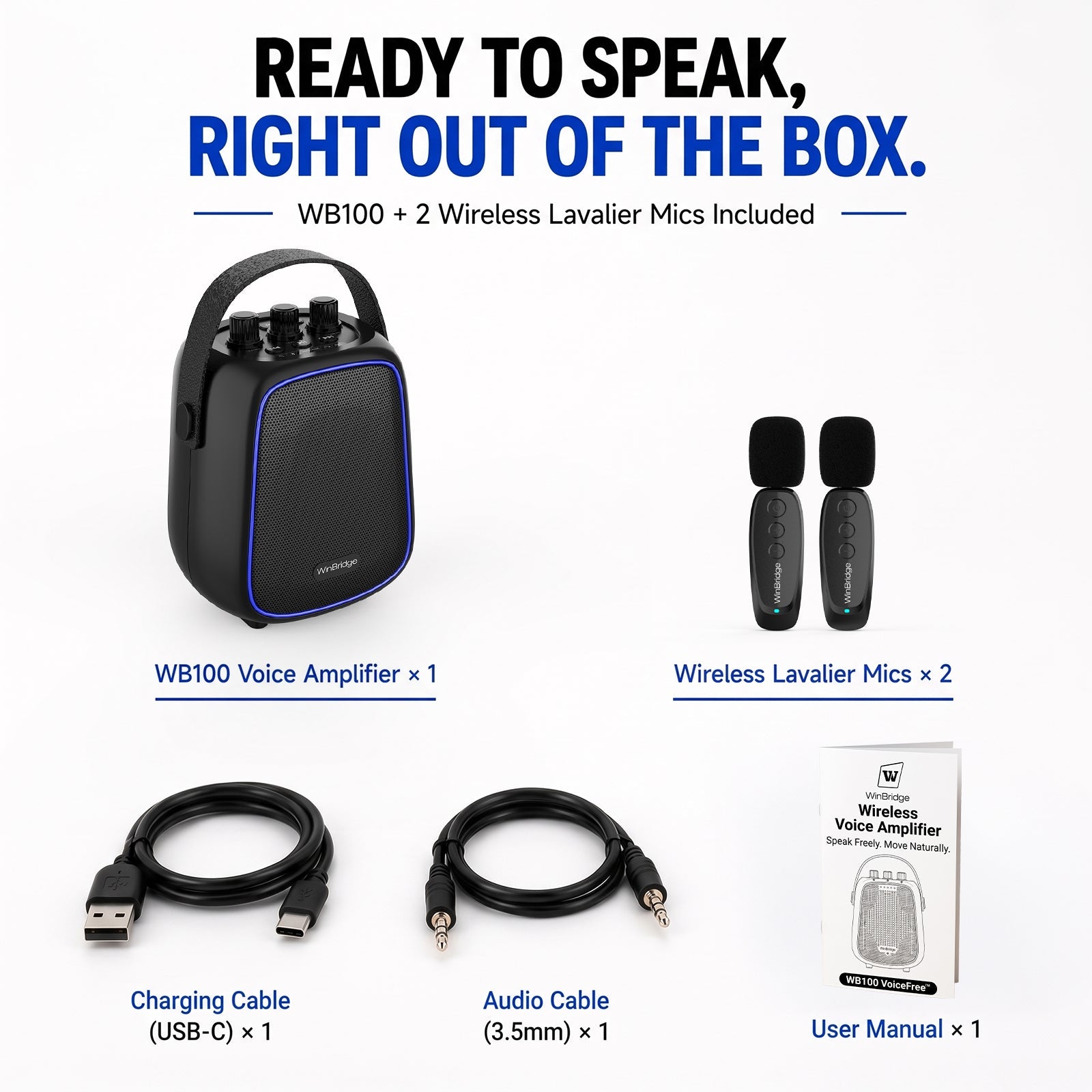 VoiceFree™ Voice Amplifier with 2 Lavalier Clip-On Mics - WinBridge WB100 36W - WinBridge