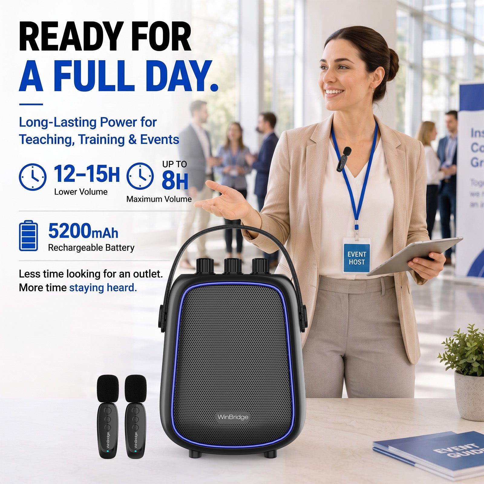 VoiceFree™ Voice Amplifier with 2 Lavalier Clip-On Mics - WinBridge WB100 36W - WinBridge