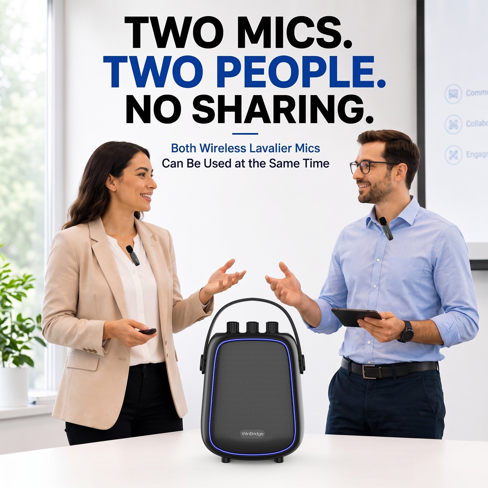 VoiceFree™ Voice Amplifier with 2 Lavalier Clip-On Mics - WinBridge WB100 36W - WinBridge