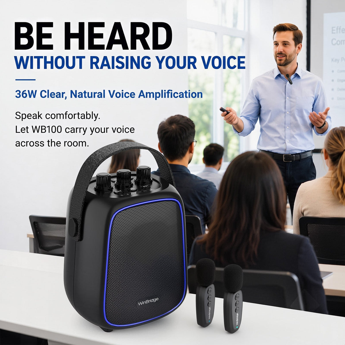 VoiceFree™ Voice Amplifier with 2 Lavalier Clip-On Mics - WinBridge WB100 36W - WinBridge
