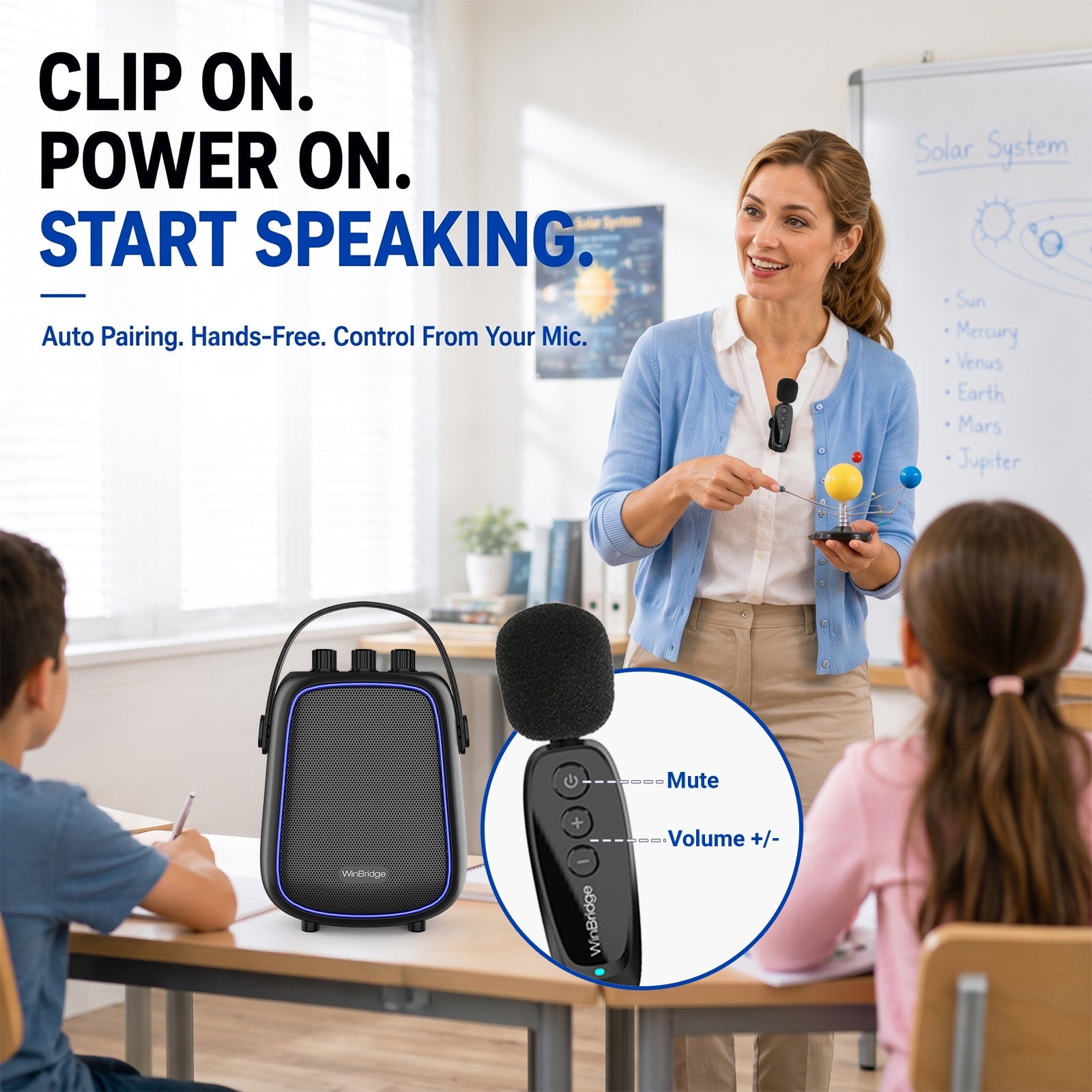 VoiceFree™ Voice Amplifier with 2 Lavalier Clip-On Mics - WinBridge WB100 36W - WinBridge