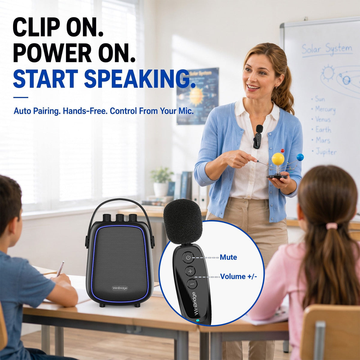 VoiceFree™ Voice Amplifier with 2 Lavalier Clip-On Mics - WinBridge WB100 36W - WinBridge