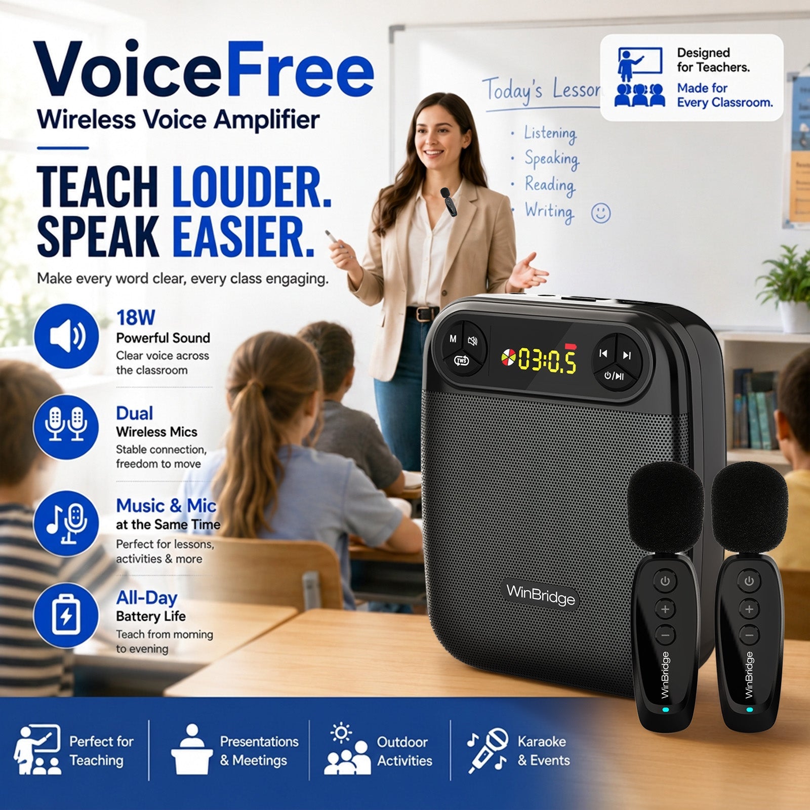 VoiceFree™ Voice Amplifier with 2 Wireless Lapel Microphones - WinBridge WB004 18W - WinBridge