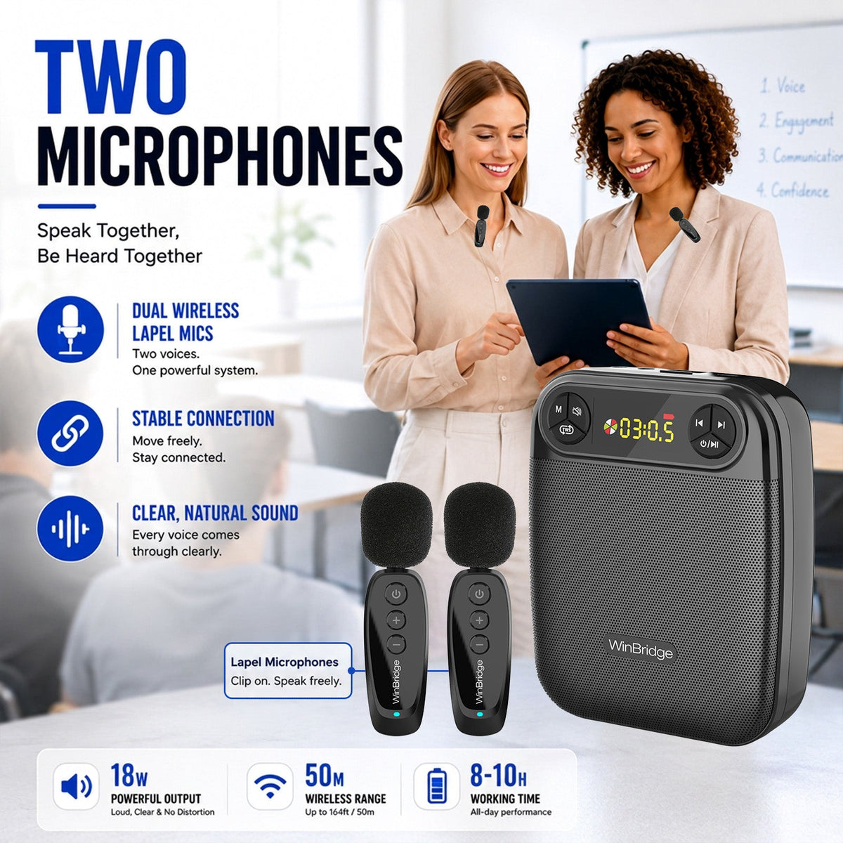 VoiceFree™ Voice Amplifier with 2 Wireless Lapel Microphones - WinBridge WB004 18W - WinBridge