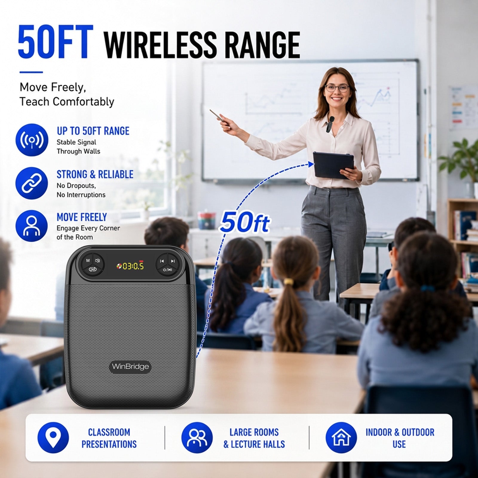 VoiceFree™ Voice Amplifier with 2 Wireless Lapel Microphones - WinBridge WB004 18W - WinBridge
