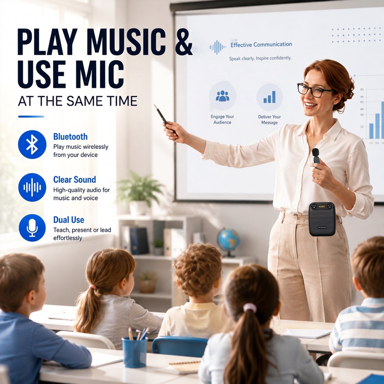 VoiceFree™ Voice Amplifier with 2 Wireless Lapel Microphones - WinBridge WB004 18W - WinBridge