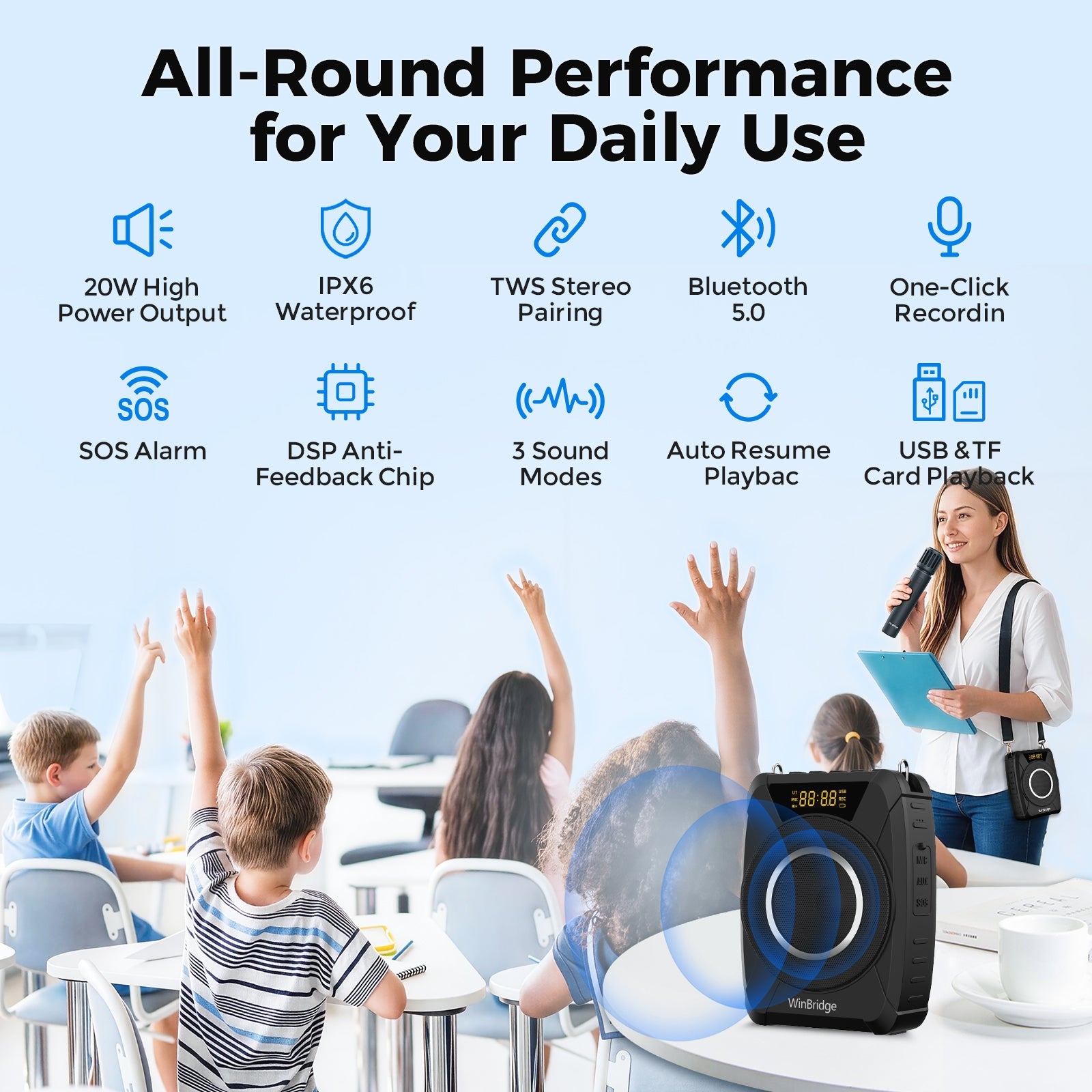 VoiceMate™ Waterproof Voice Amplifier with Wireless Handheld Microphone - WinBridge M802 20W - WinBridge