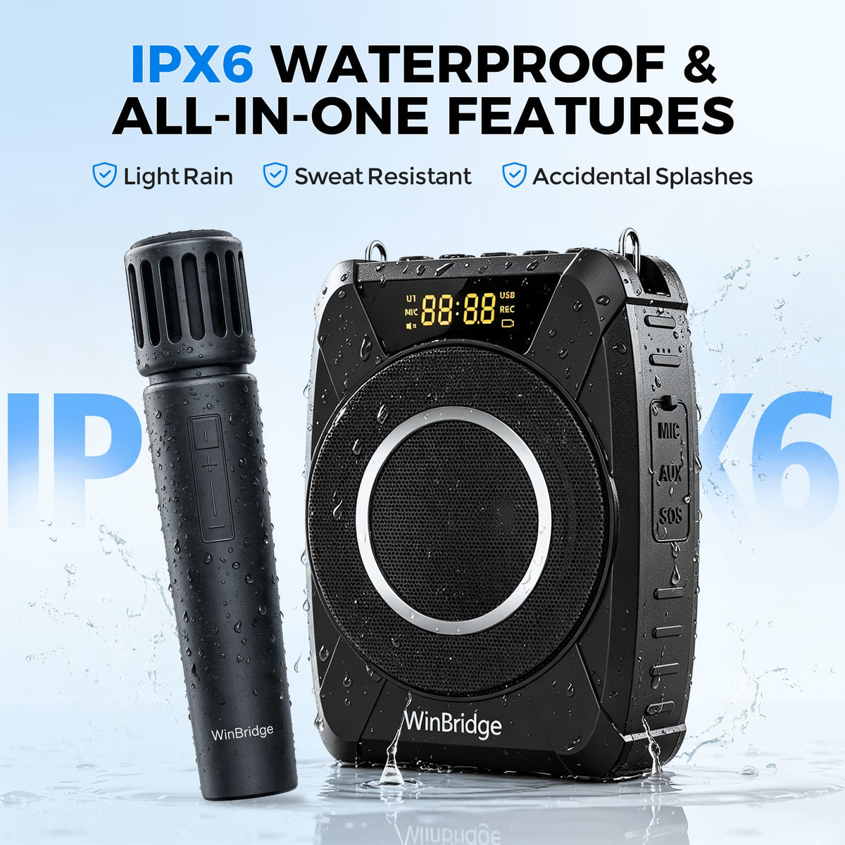 VoiceMate™ Waterproof Voice Amplifier with Wireless Handheld Microphone - WinBridge M802 20W - WinBridge