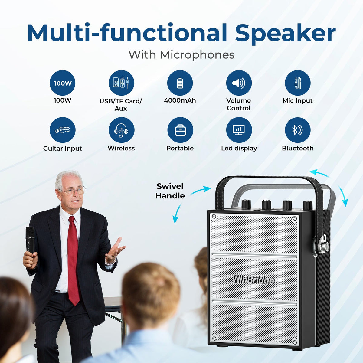 VoicePower™ 100W Portable PA System with 2 Wireless Mics - WinBridge S99 Karaoke - WinBridge