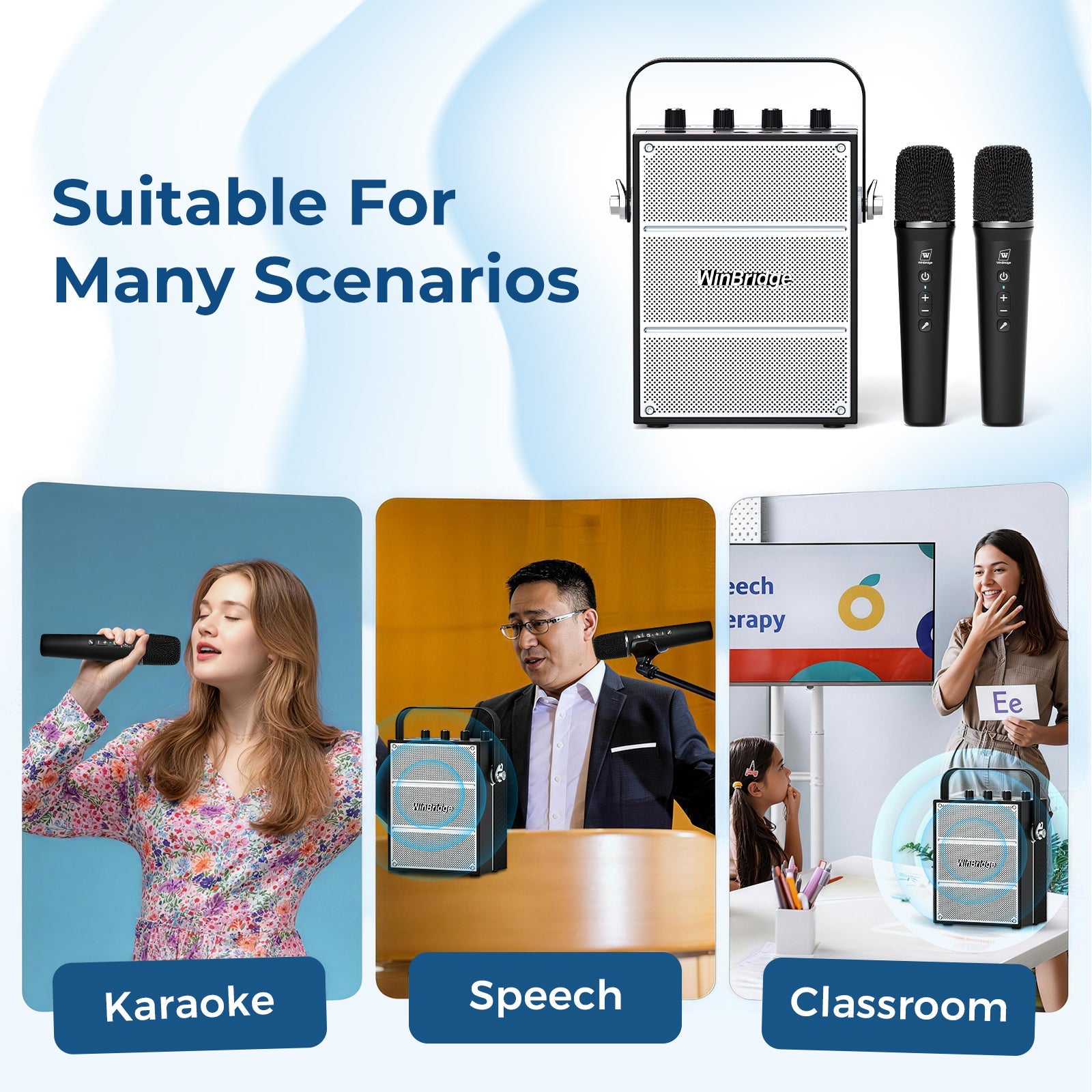 VoicePower™ 100W Portable PA System with 2 Wireless Mics - WinBridge S99 Karaoke - WinBridge