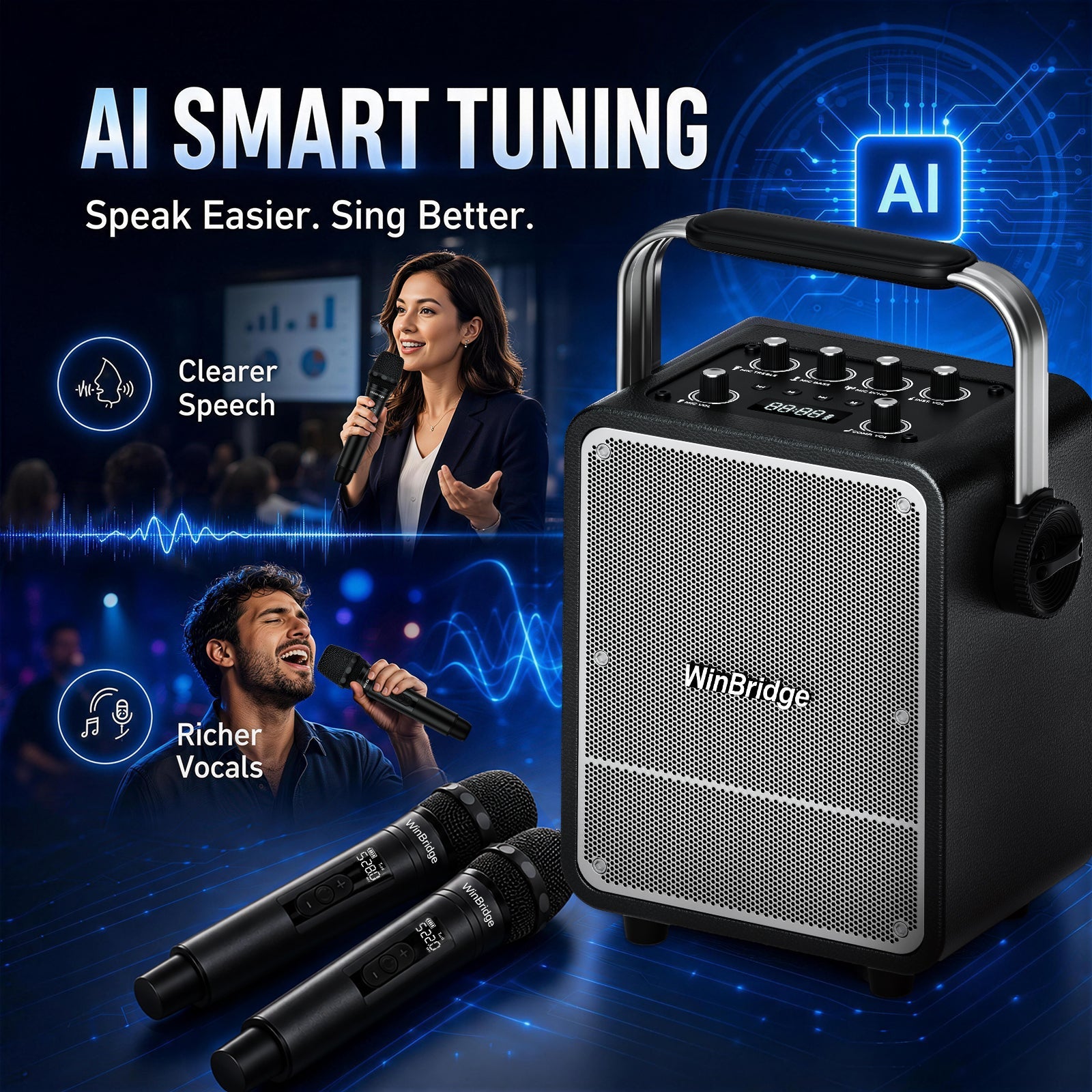 VoicePower™ 150W Portable PA System with 2 Wireless Mics - WinBridge S200 Guitar Amp - WinBridge