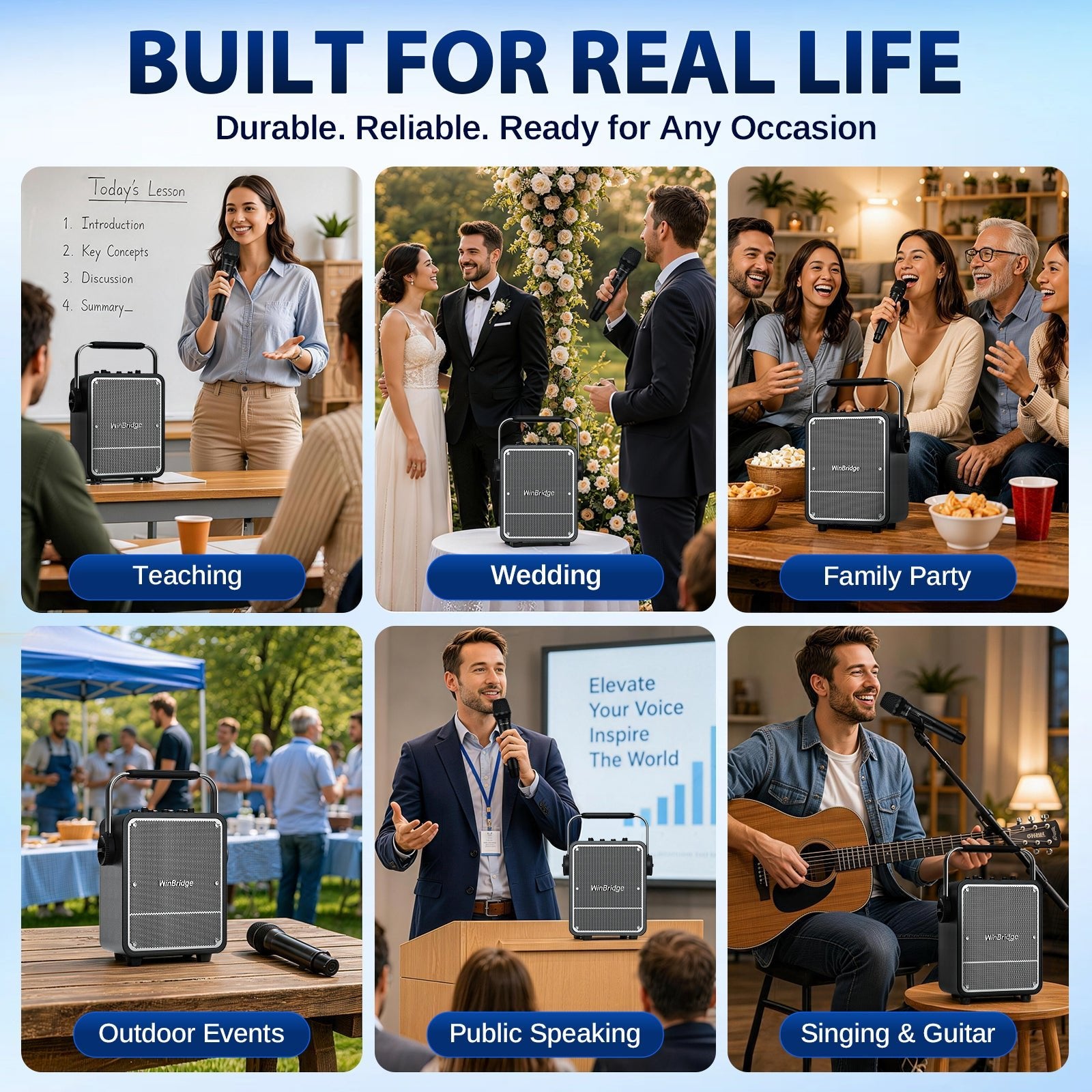 VoicePower™ 150W Portable PA System with 2 Wireless Mics - WinBridge S200 Guitar Amp - WinBridge