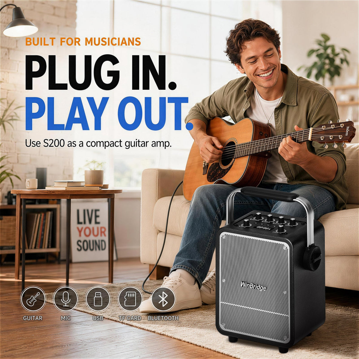 VoicePower™ 150W Portable PA System with 2 Wireless Mics - WinBridge S200 Guitar Amp - WinBridge