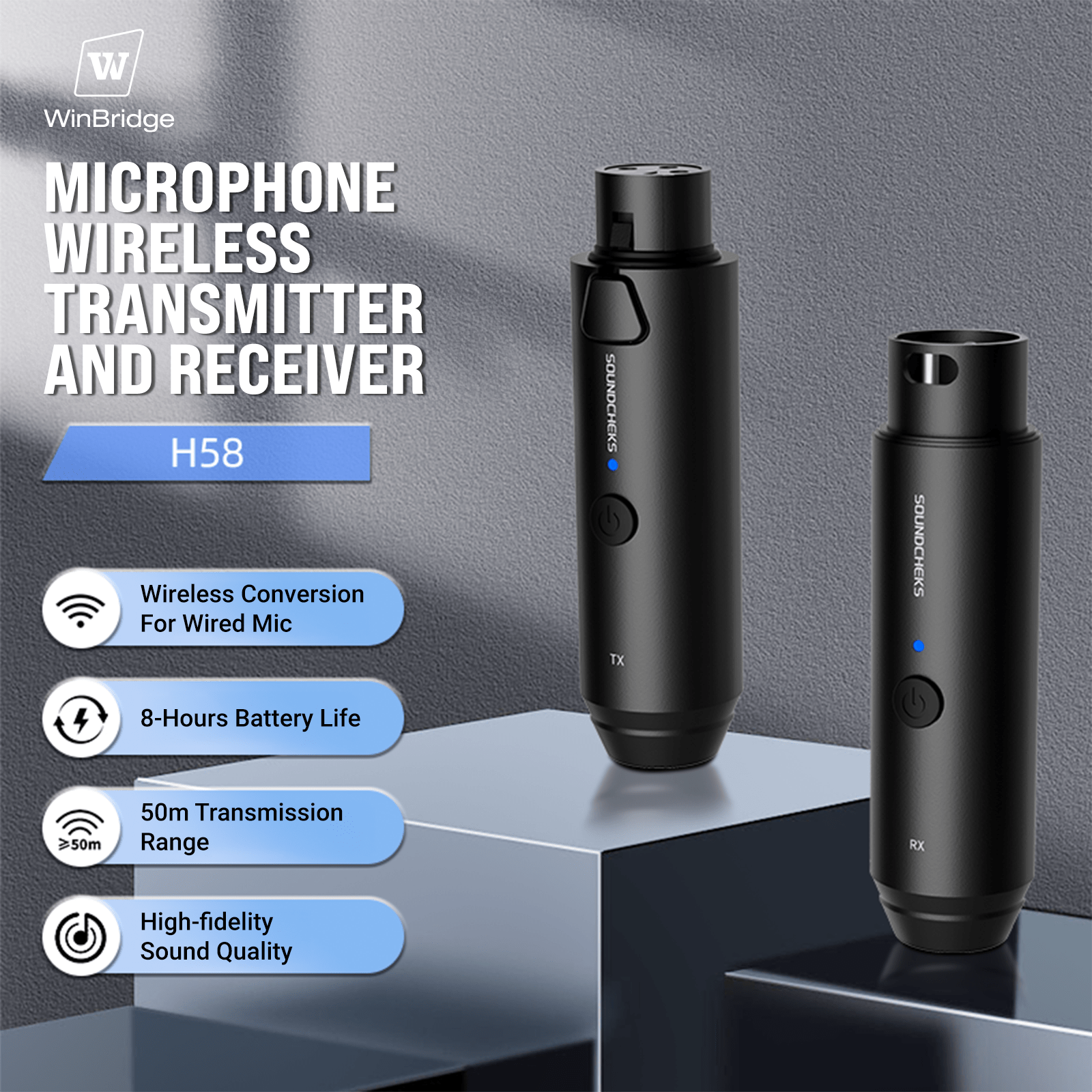 WinBridge 2.4GHz Wireless XLR Microphone Transmitter & Receiver System - 24 - bit/192kHz High - Resolution Plug - on Adapter for Dynamic Microphones, Audio Mixers, PA Systems, and Cameras H58 - WinBridge