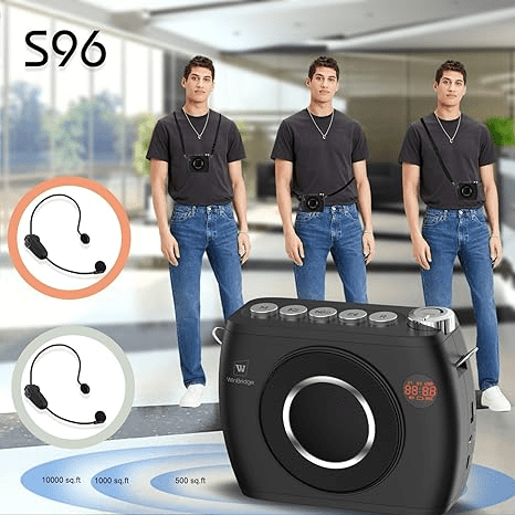 WinBridge 25W Wireless Voice Amplifier with Two Bluetooth Headset Microphones, High Capacity 8000mAh|Record, Portable Pa System Bluetooth Speaker and Microphone, Megaphone with Mic for Teachers S96 - WinBridge